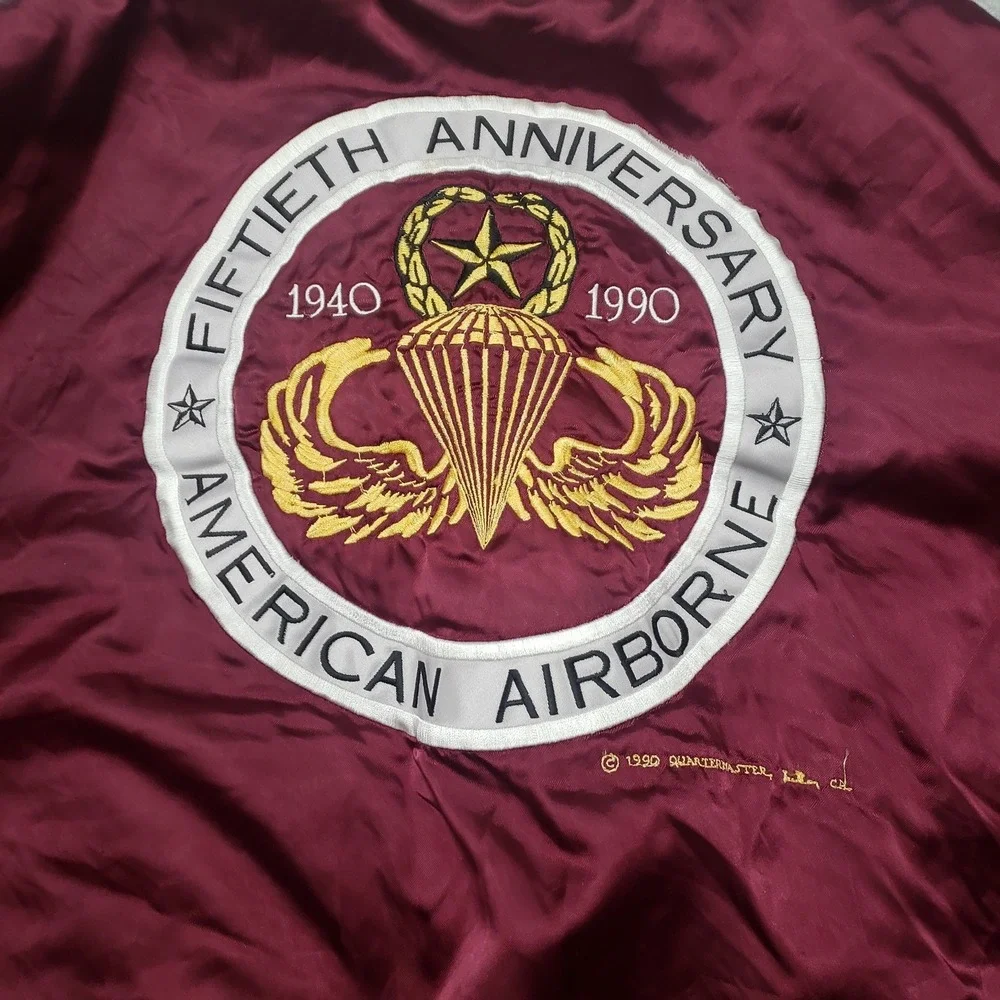 VTG Airborne American Satin Jacket Mens Large Red Snap Up Bomber Quarter Master